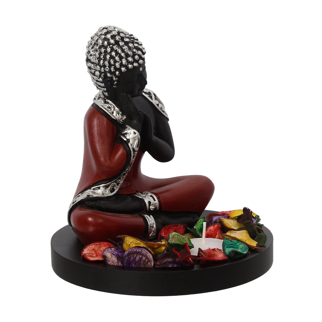 Polyresin Antique Finish Handcrafted Thinking Buddha Statue with Wooden Base, Fragranced Petals and Tealight (Red, Black and Silver) Kafalo