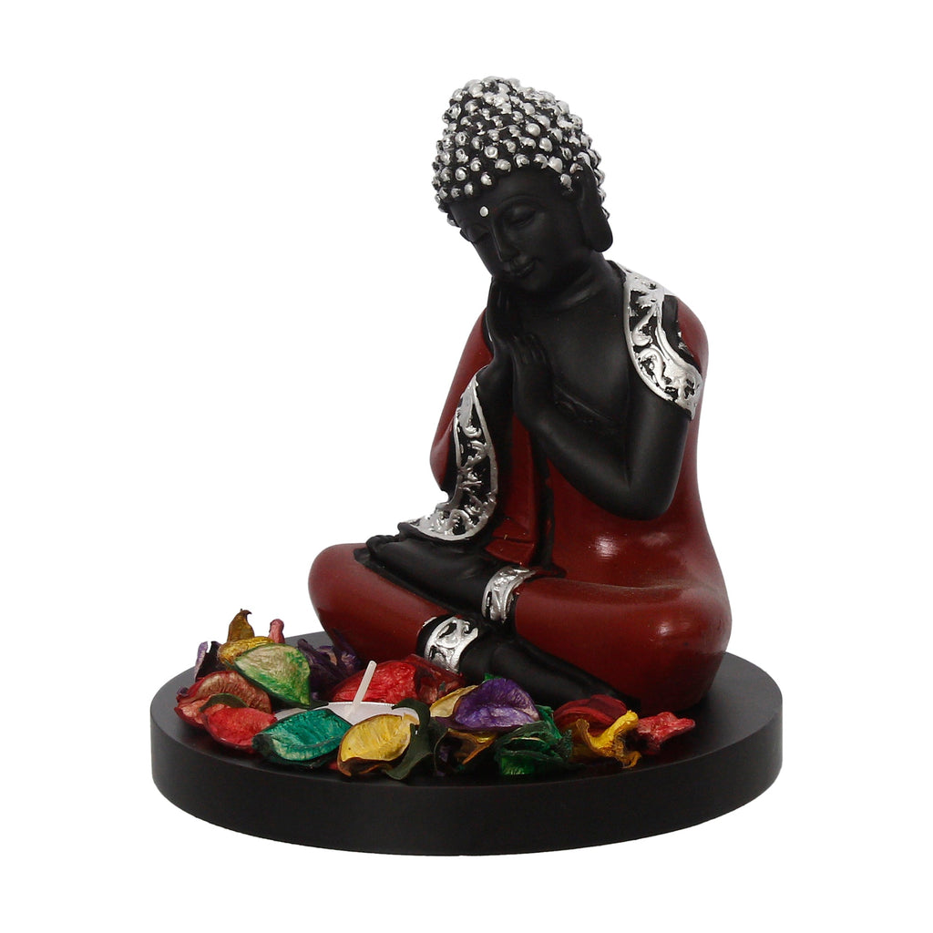 Polyresin Antique Finish Handcrafted Thinking Buddha Statue with Wooden Base, Fragranced Petals and Tealight (Red, Black and Silver) Kafalo