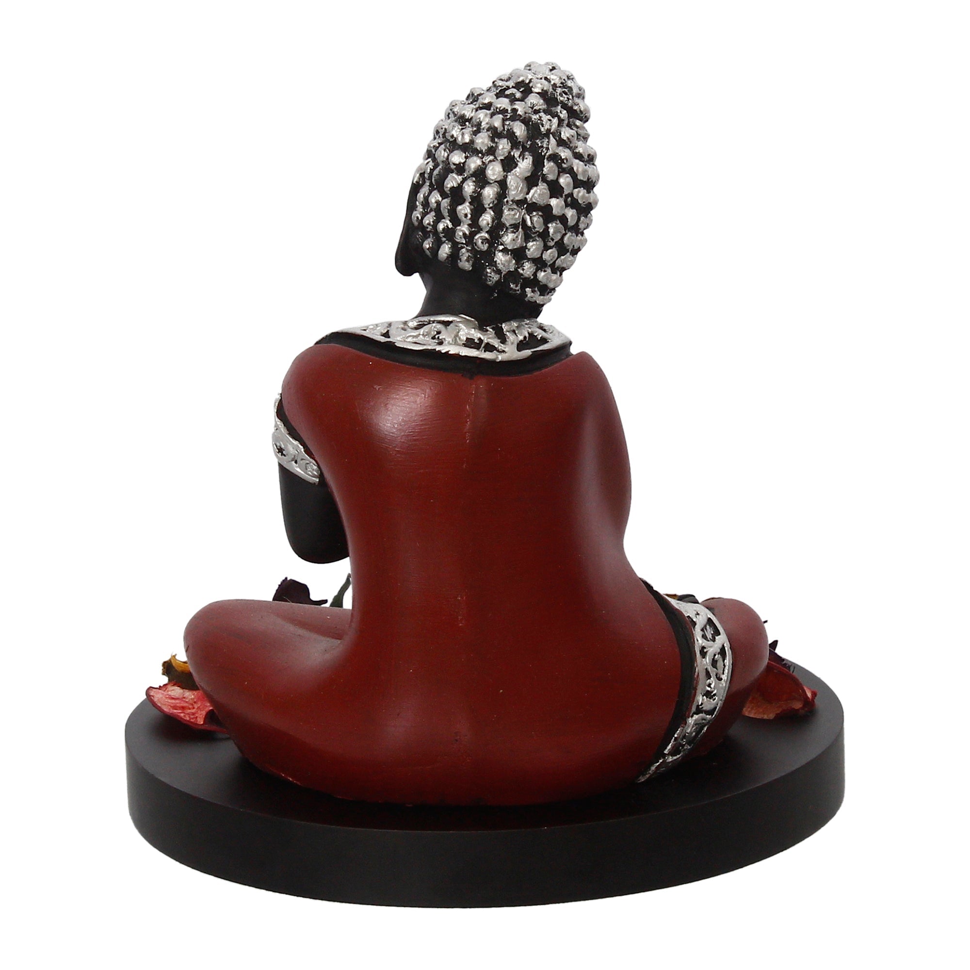 Polyresin Antique Finish Handcrafted Thinking Buddha Statue with Wooden Base, Fragranced Petals and Tealight (Red, Black and Silver) Kafalo