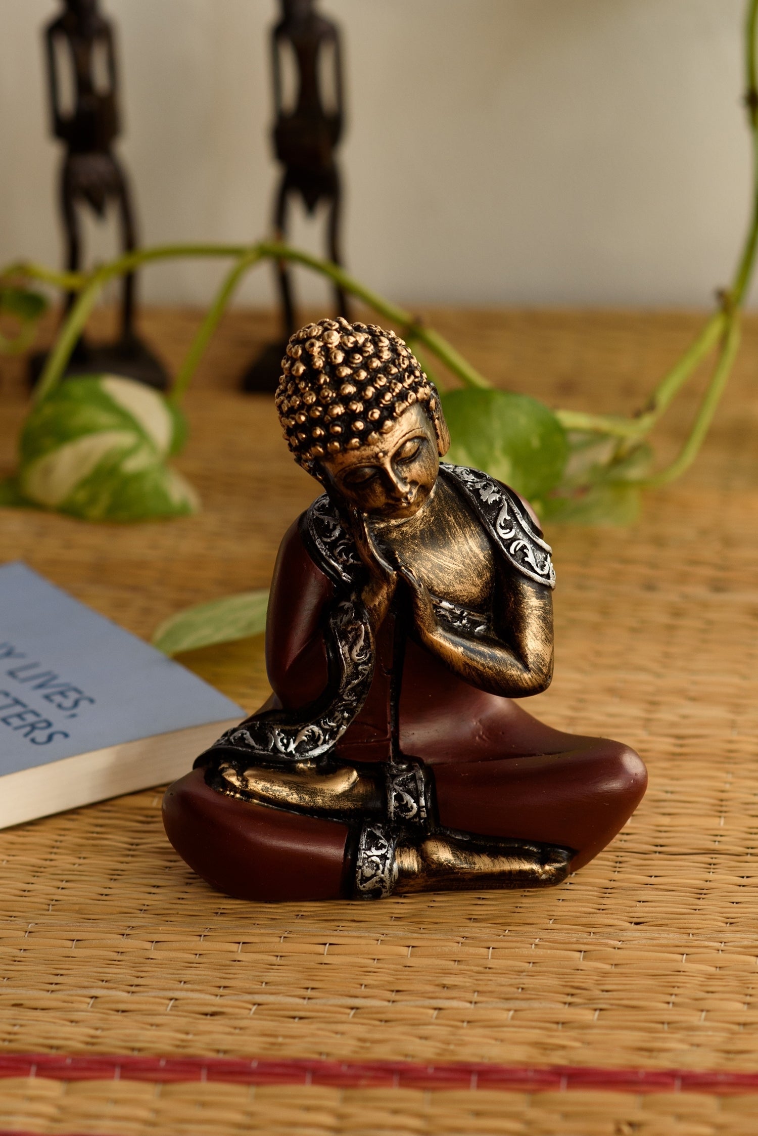 Polyresin Brown and Golden Antique Finish Handcrafted Thinking Buddha Statue Kafalo