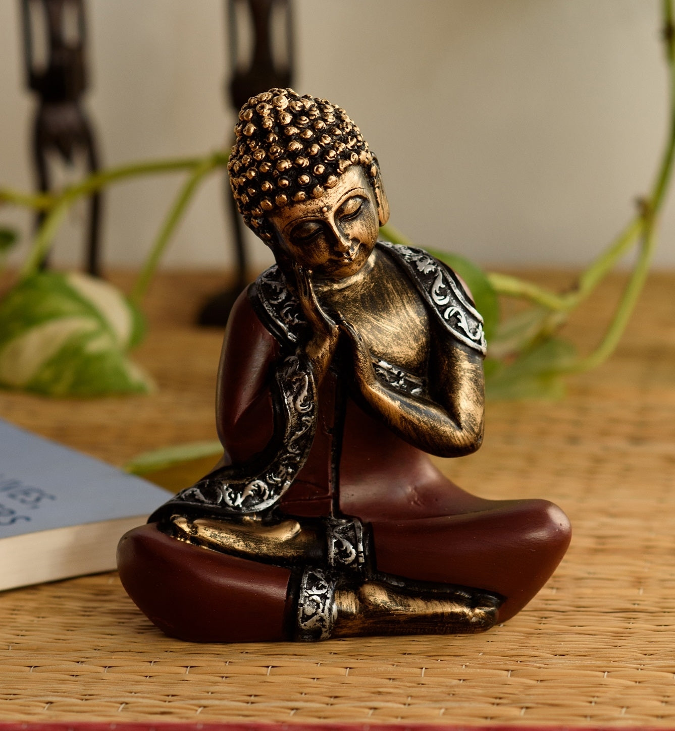 Polyresin Brown and Golden Antique Finish Handcrafted Thinking Buddha Statue Kafalo