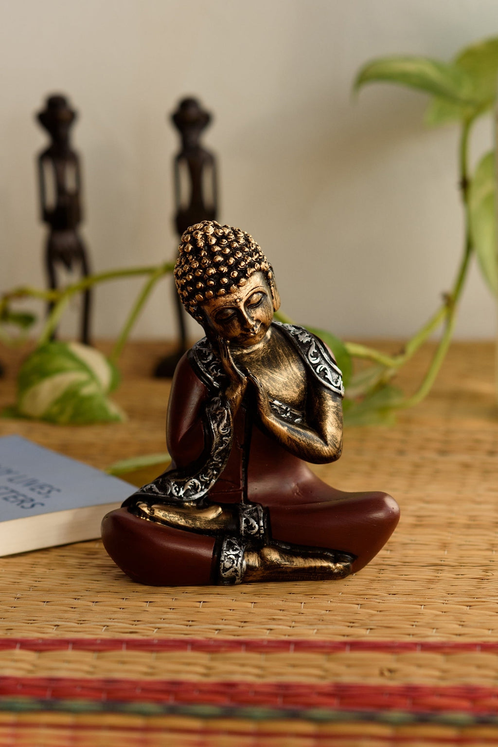 Polyresin Brown and Golden Antique Finish Handcrafted Thinking Buddha Statue Kafalo