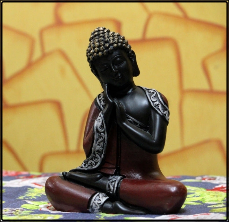 Polyresin Brown and Golden Antique Finish Handcrafted Thinking Buddha Statue Kafalo