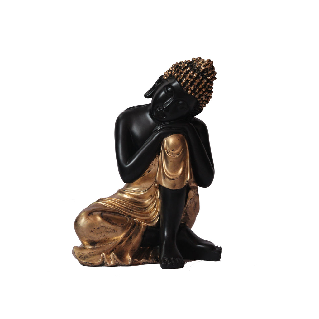 Polyresin Black And Golden Handcrafted Lord Buddha Resting On Knee Statue Kafalo