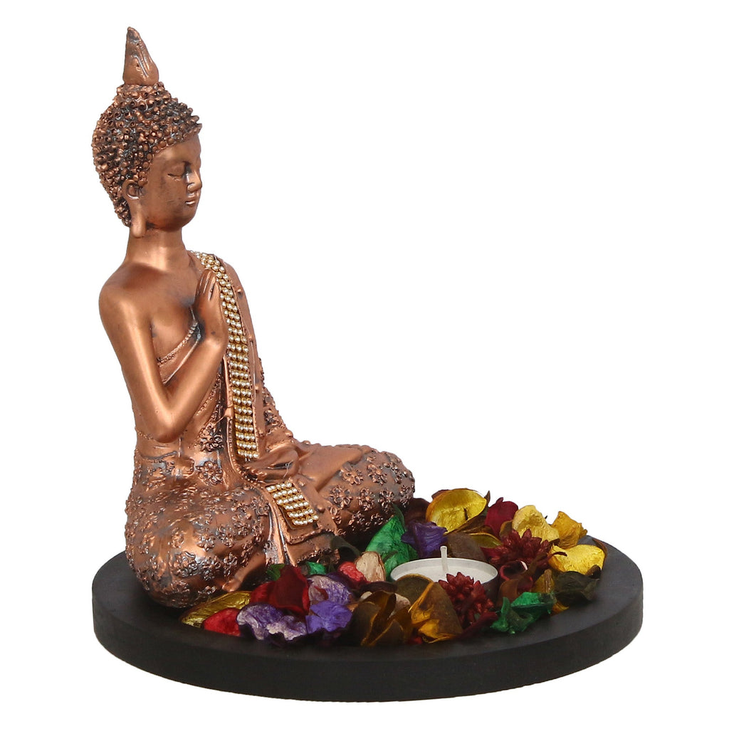 Polyresin Copper Finish Meditating Buddha Idol with Wooden Base, Fragranced Petals and Tealight Kafalo