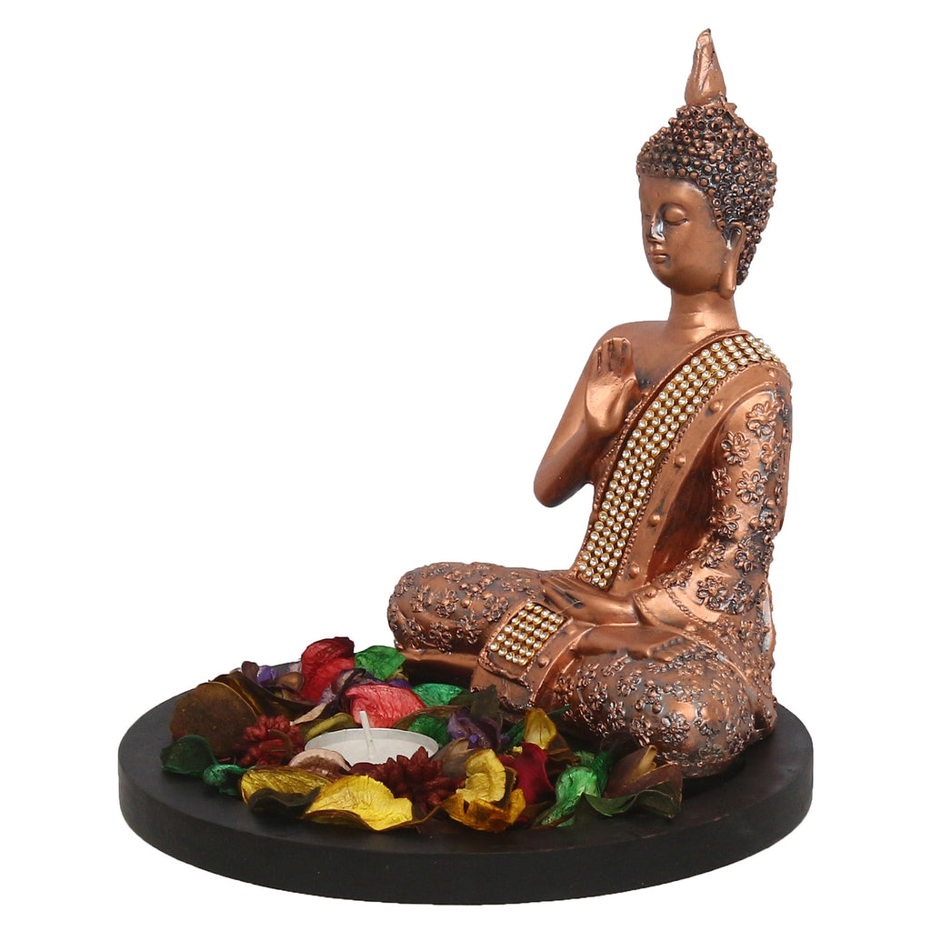 Polyresin Copper Finish Meditating Buddha Idol with Wooden Base, Fragranced Petals and Tealight Kafalo