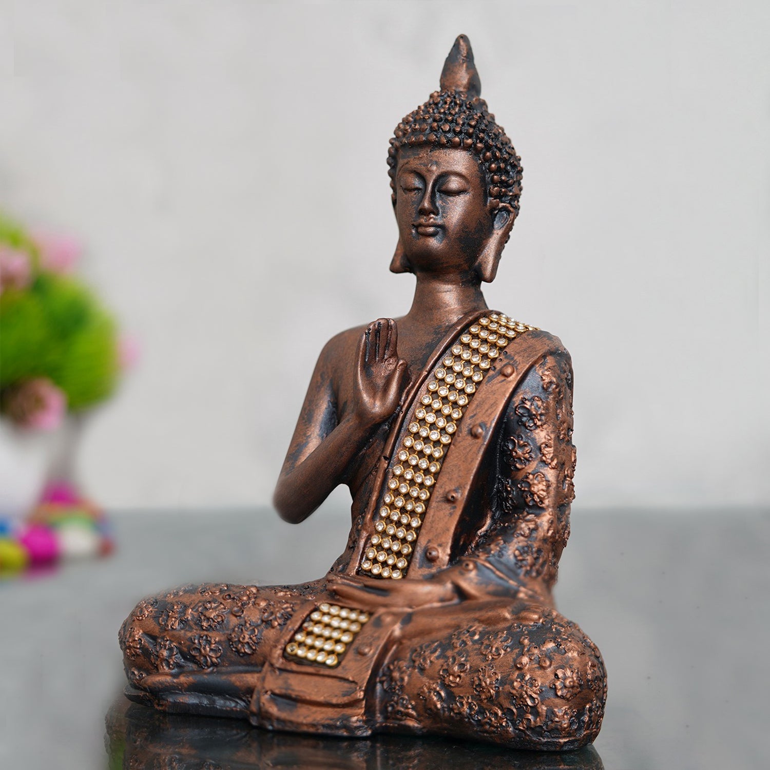 Polyresin Brown Handcrafted Meditating Blessing Buddha Statue Kafalo