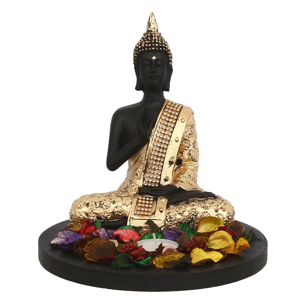 Polyresin Black and Golden Meditating Blessing Buddha Statue with Wooden Base, Fragranced Petals and Tealight Kafalo