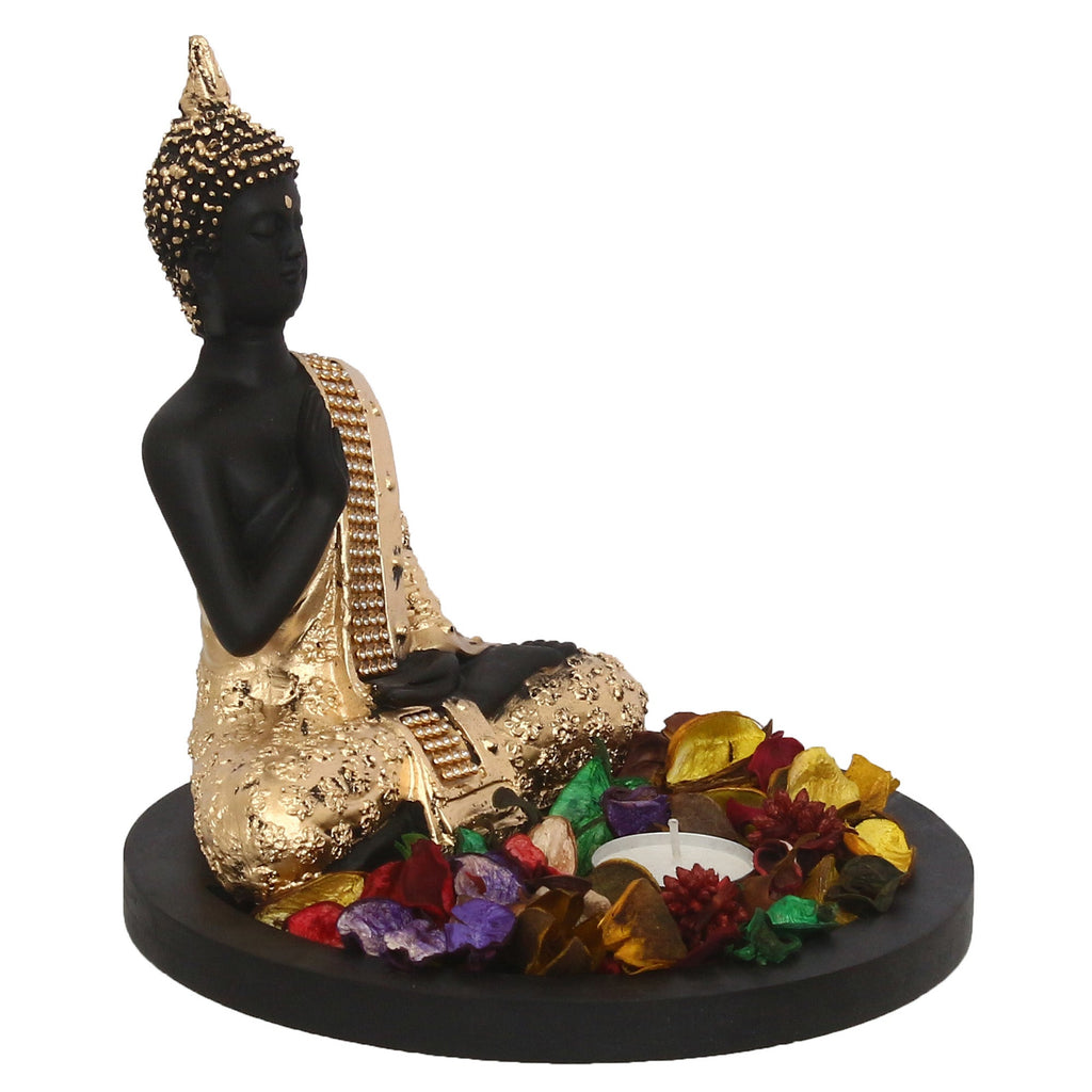 Polyresin Black and Golden Meditating Blessing Buddha Statue with Wooden Base, Fragranced Petals and Tealight Kafalo