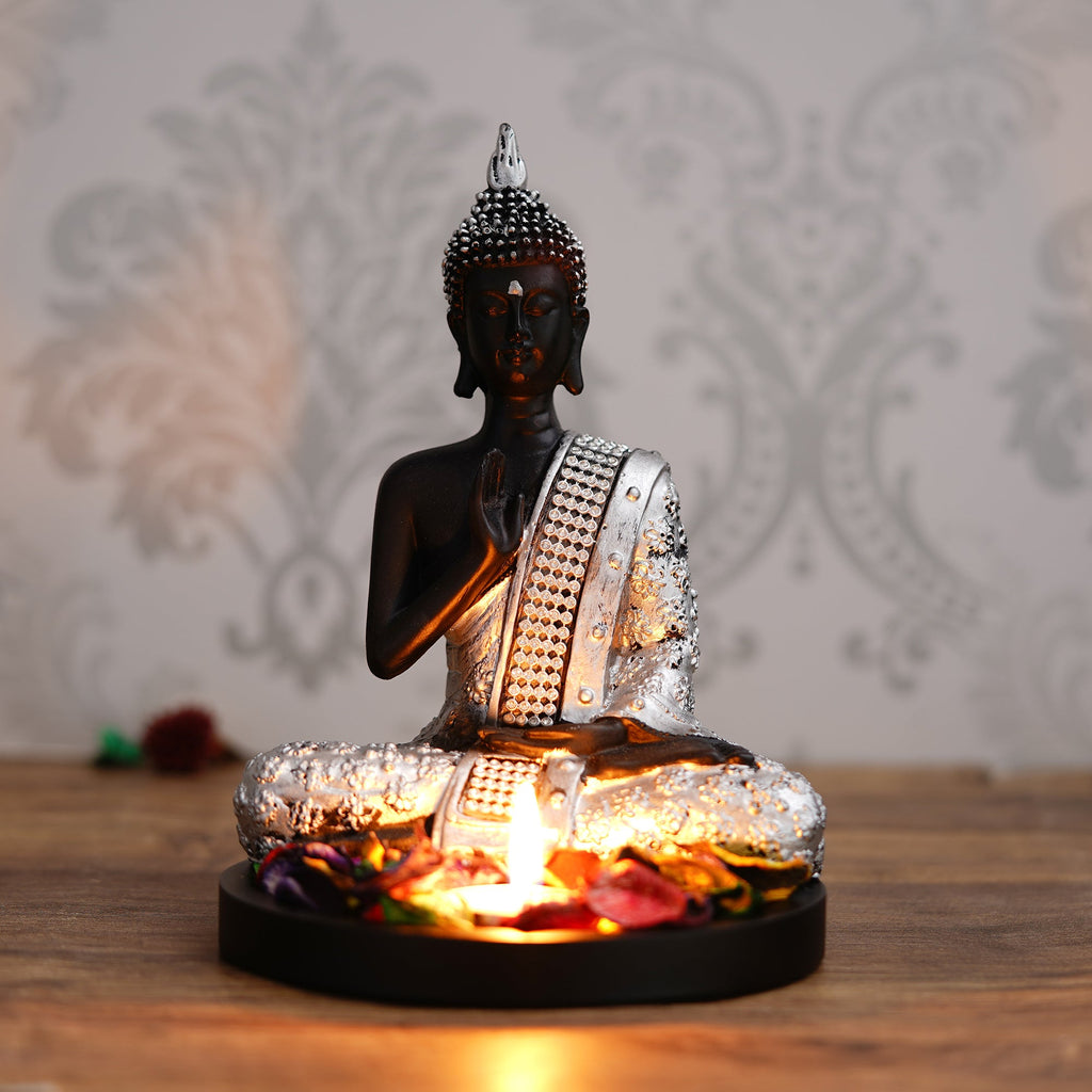 Polyresin Black and Silver Handcrafted Meditating Blessing Buddha Statue with Wooden Base, Fragranced Petals and Tealight Kafalo