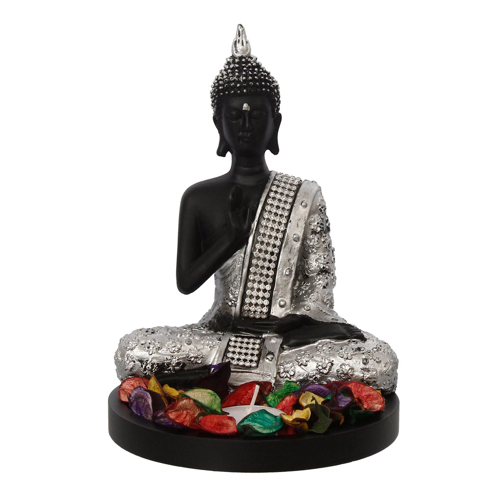 Polyresin Black and Silver Handcrafted Meditating Blessing Buddha Statue with Wooden Base, Fragranced Petals and Tealight Kafalo