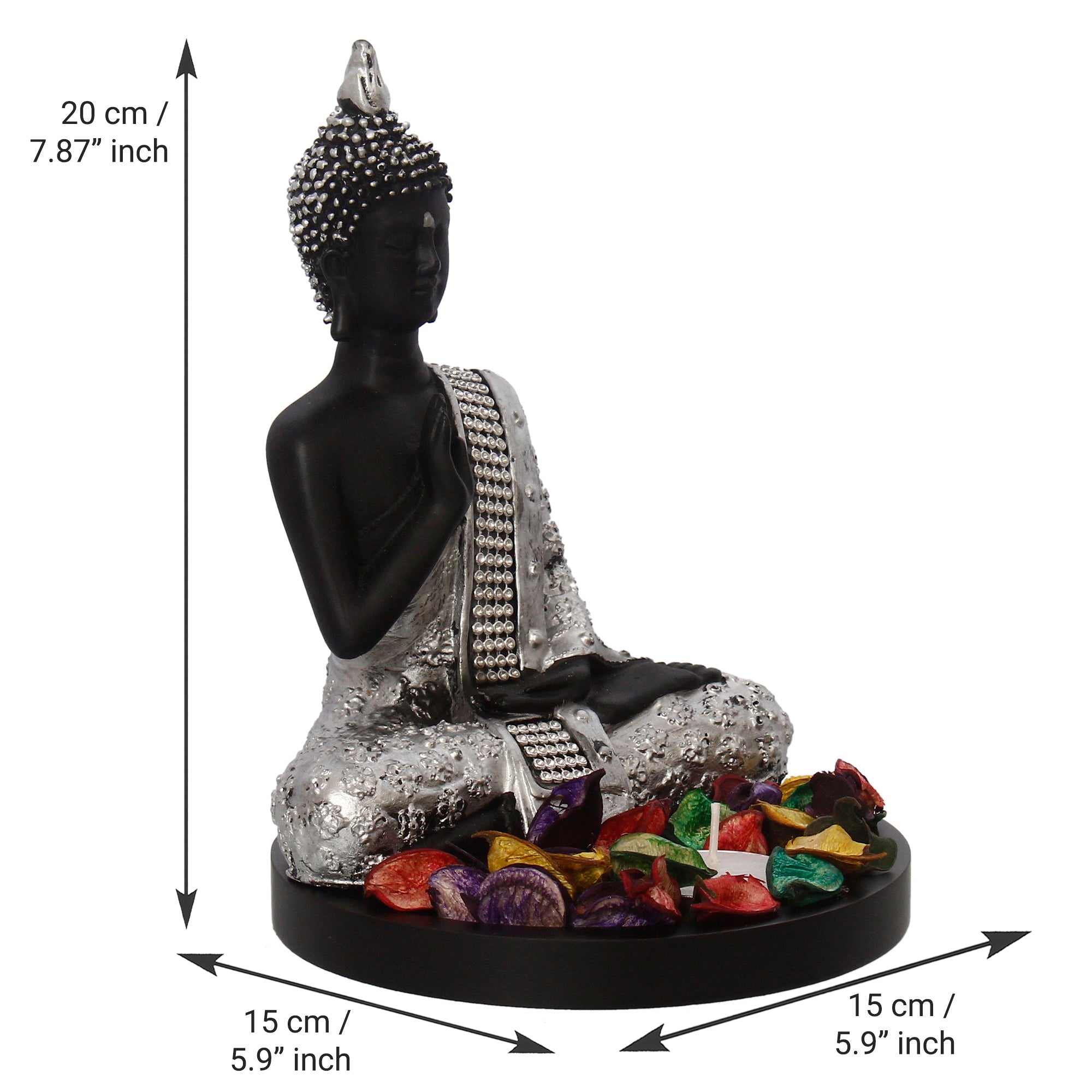 Polyresin Black and Silver Handcrafted Meditating Blessing Buddha Statue with Wooden Base, Fragranced Petals and Tealight Kafalo