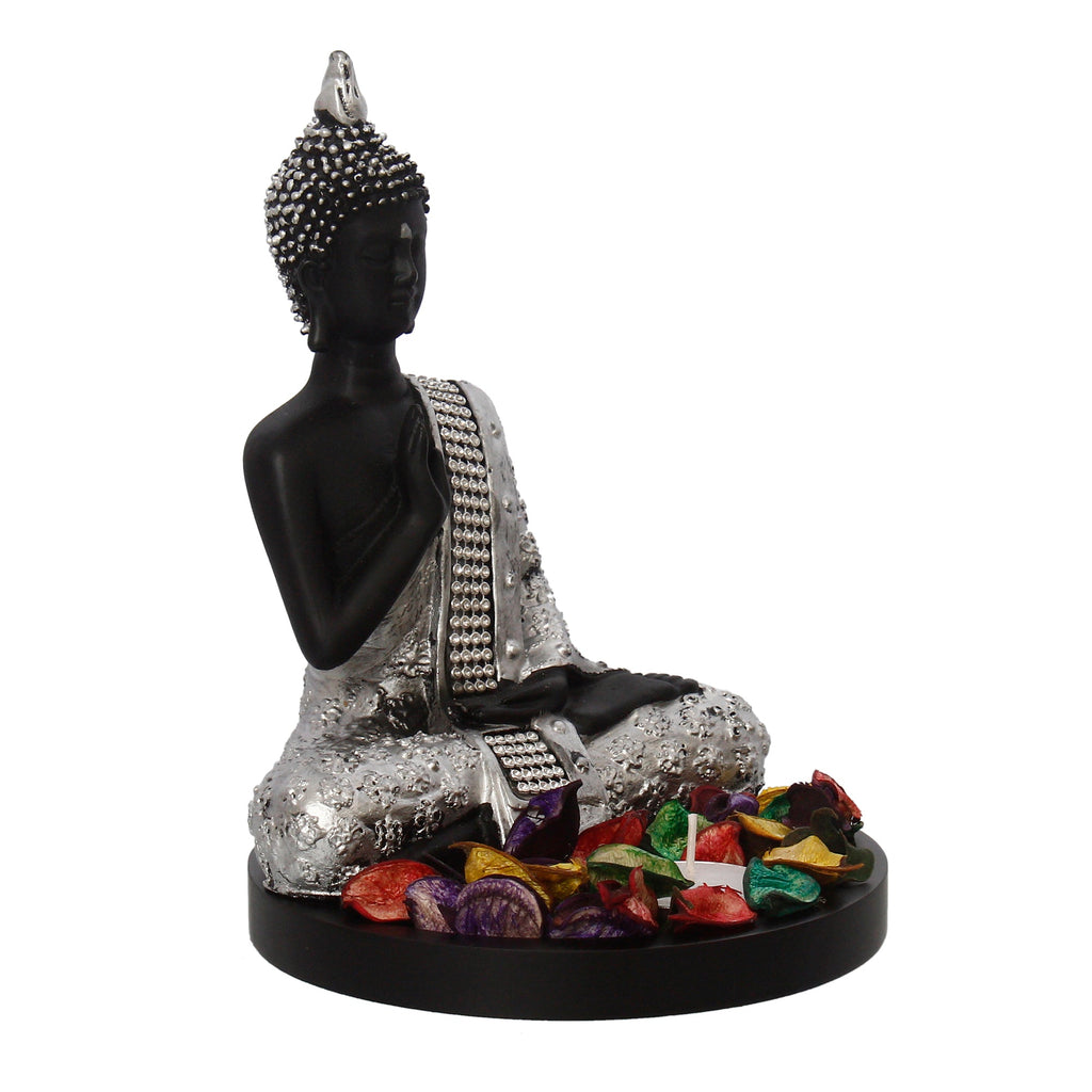 Polyresin Black and Silver Handcrafted Meditating Blessing Buddha Statue with Wooden Base, Fragranced Petals and Tealight Kafalo