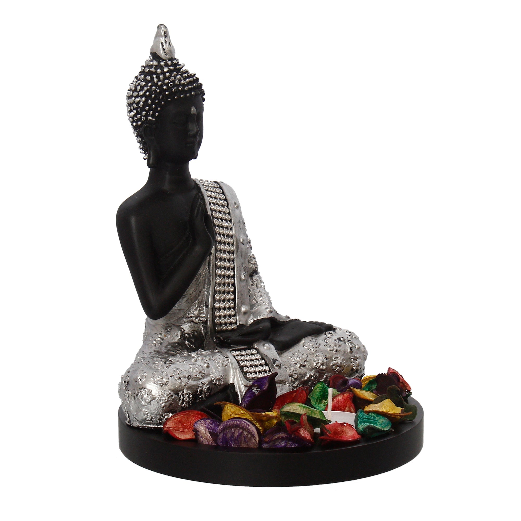 Polyresin Black and Silver Handcrafted Meditating Blessing Buddha Statue with Wooden Base, Fragranced Petals and Tealight Kafalo