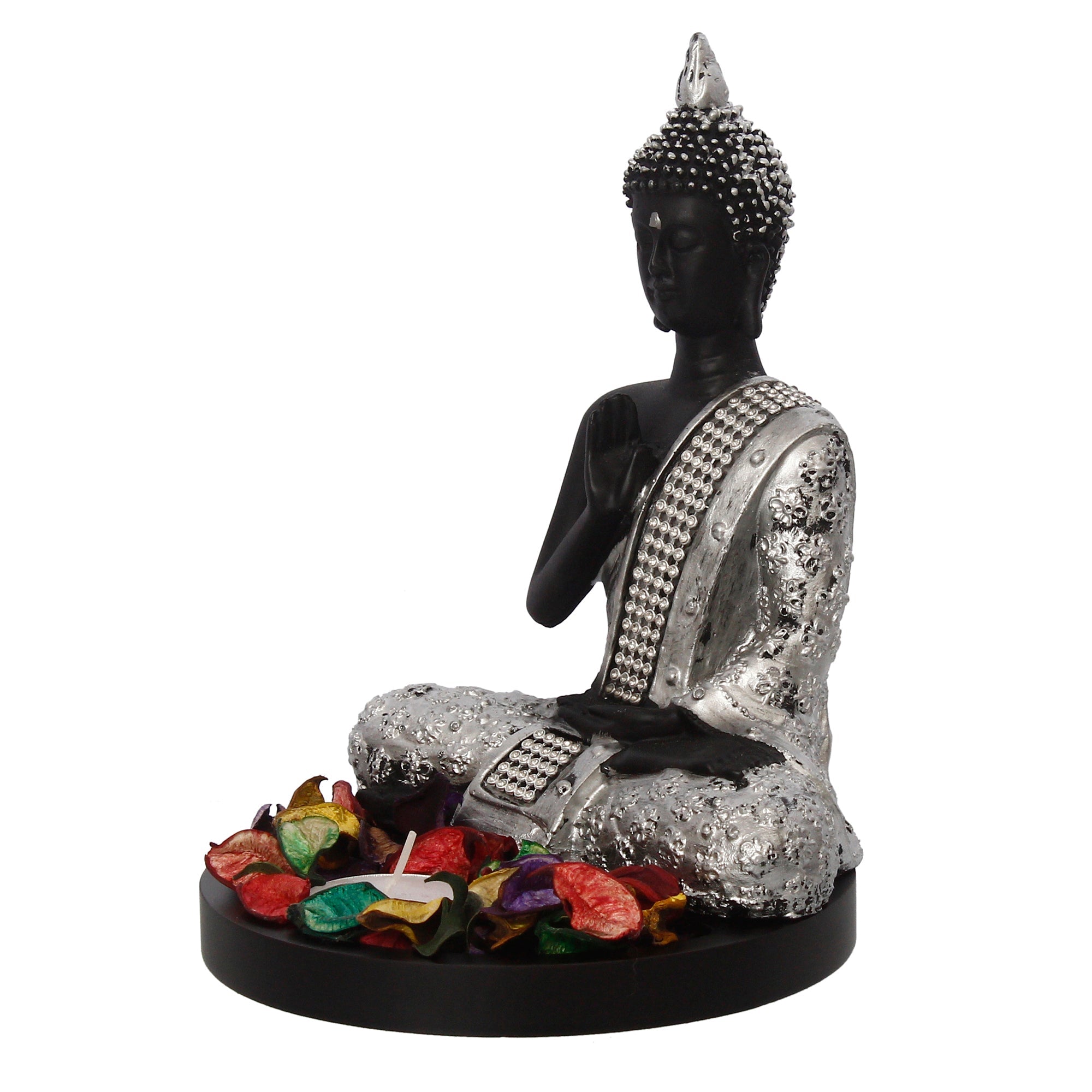Polyresin Black and Silver Handcrafted Meditating Blessing Buddha Statue with Wooden Base, Fragranced Petals and Tealight Kafalo