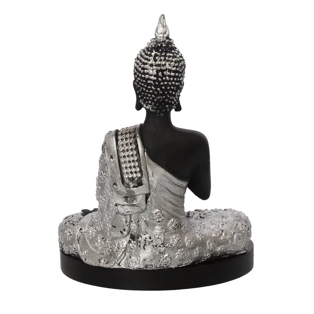 Polyresin Black and Silver Handcrafted Meditating Blessing Buddha Statue with Wooden Base, Fragranced Petals and Tealight Kafalo