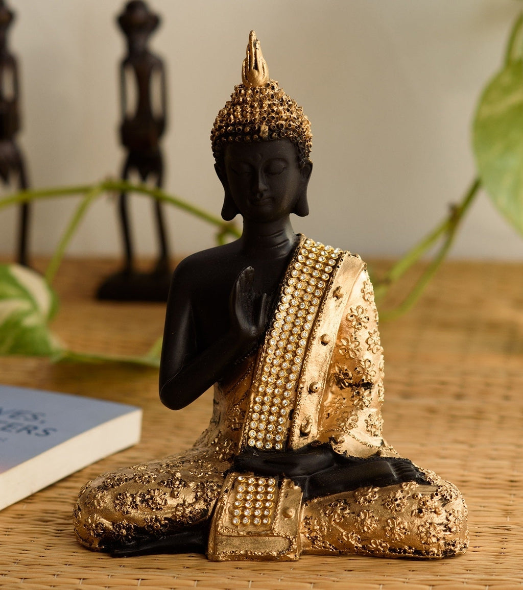 Polyresin Black and Golden Handcrafted Meditating Blessing Buddha Statue Kafalo