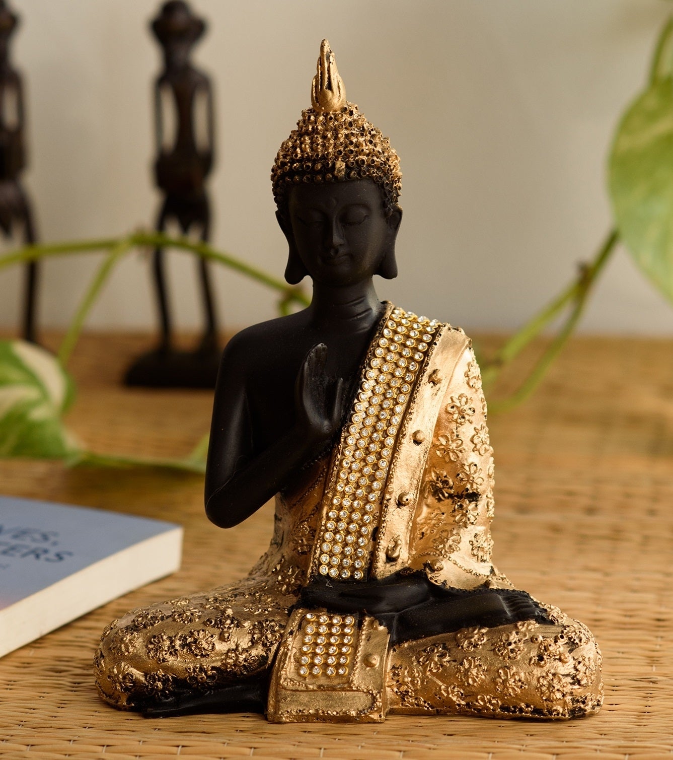 Polyresin Black and Golden Handcrafted Meditating Blessing Buddha Statue Kafalo
