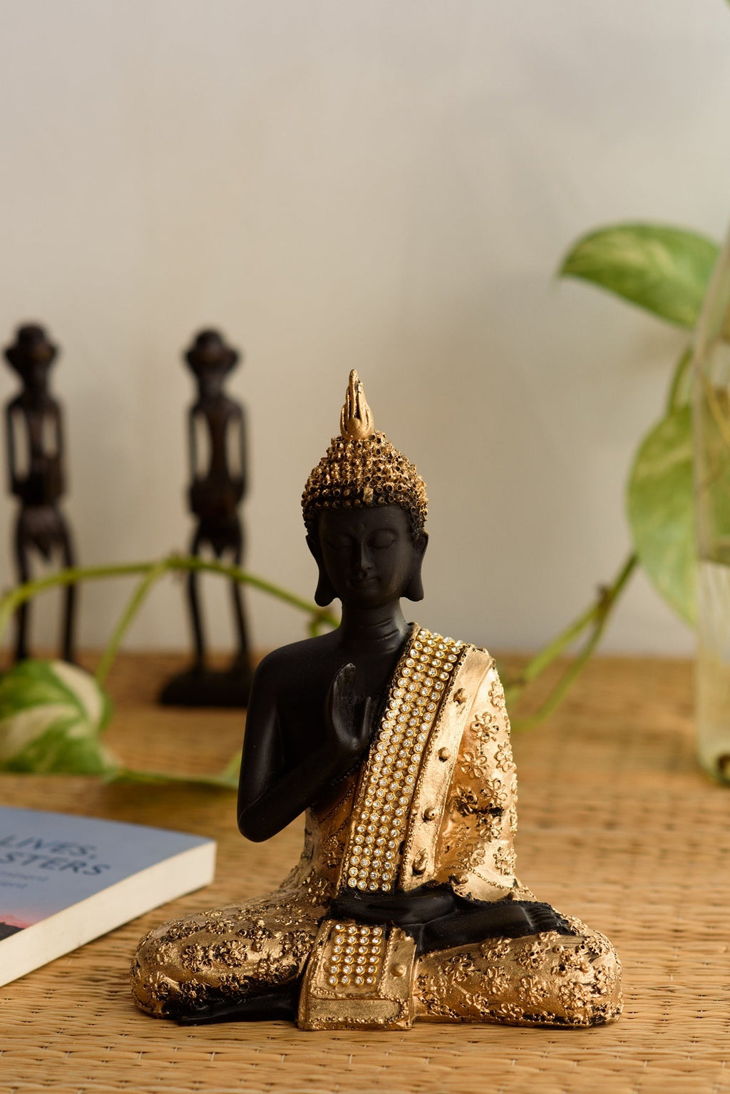 Polyresin Black and Golden Handcrafted Meditating Blessing Buddha Statue Kafalo