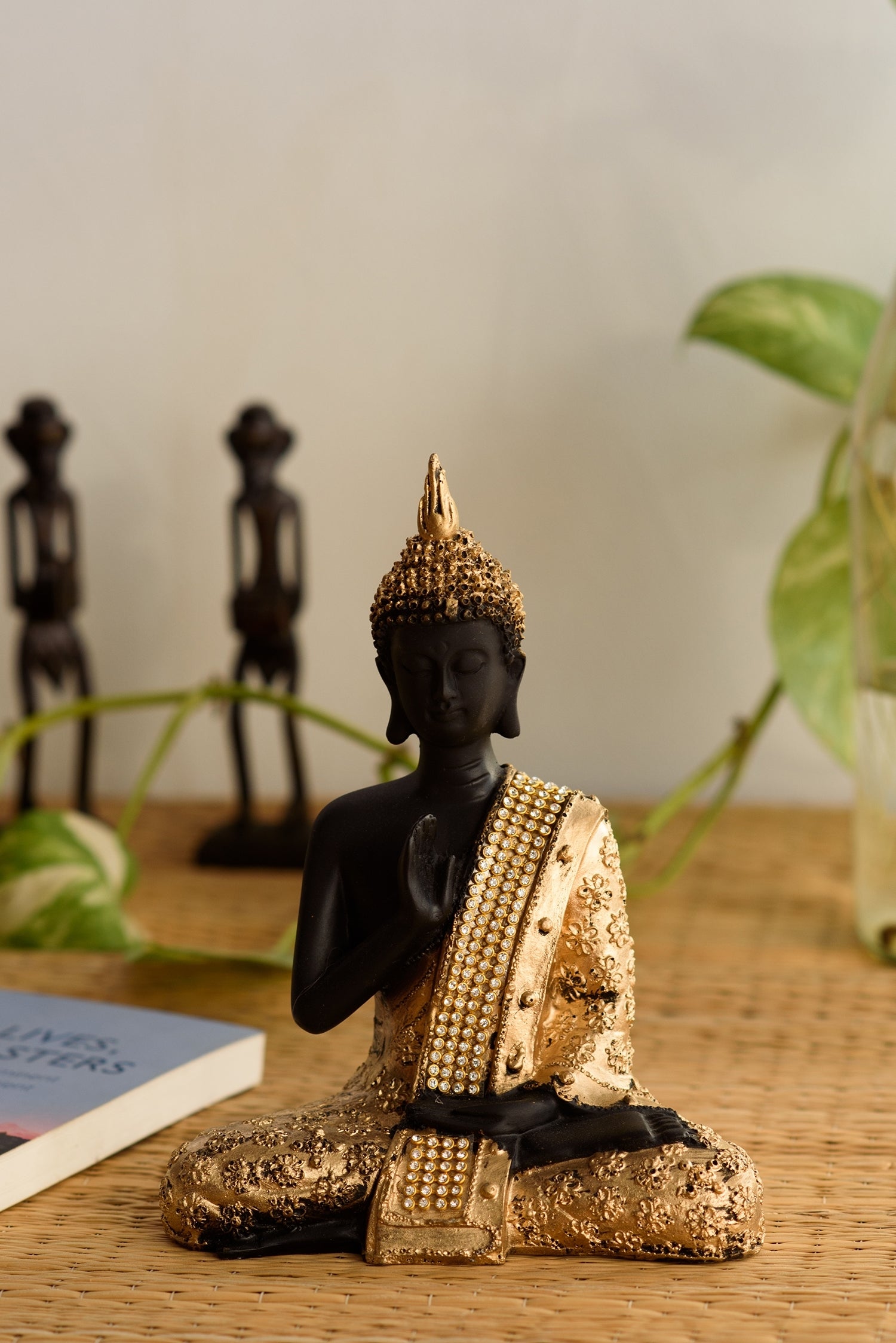 Polyresin Black and Golden Handcrafted Meditating Blessing Buddha Statue Kafalo