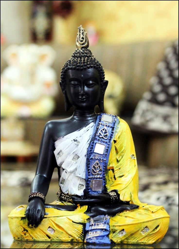 Polyresin Yellow and Black Handcrafted Meditating Buddha Statue Kafalo