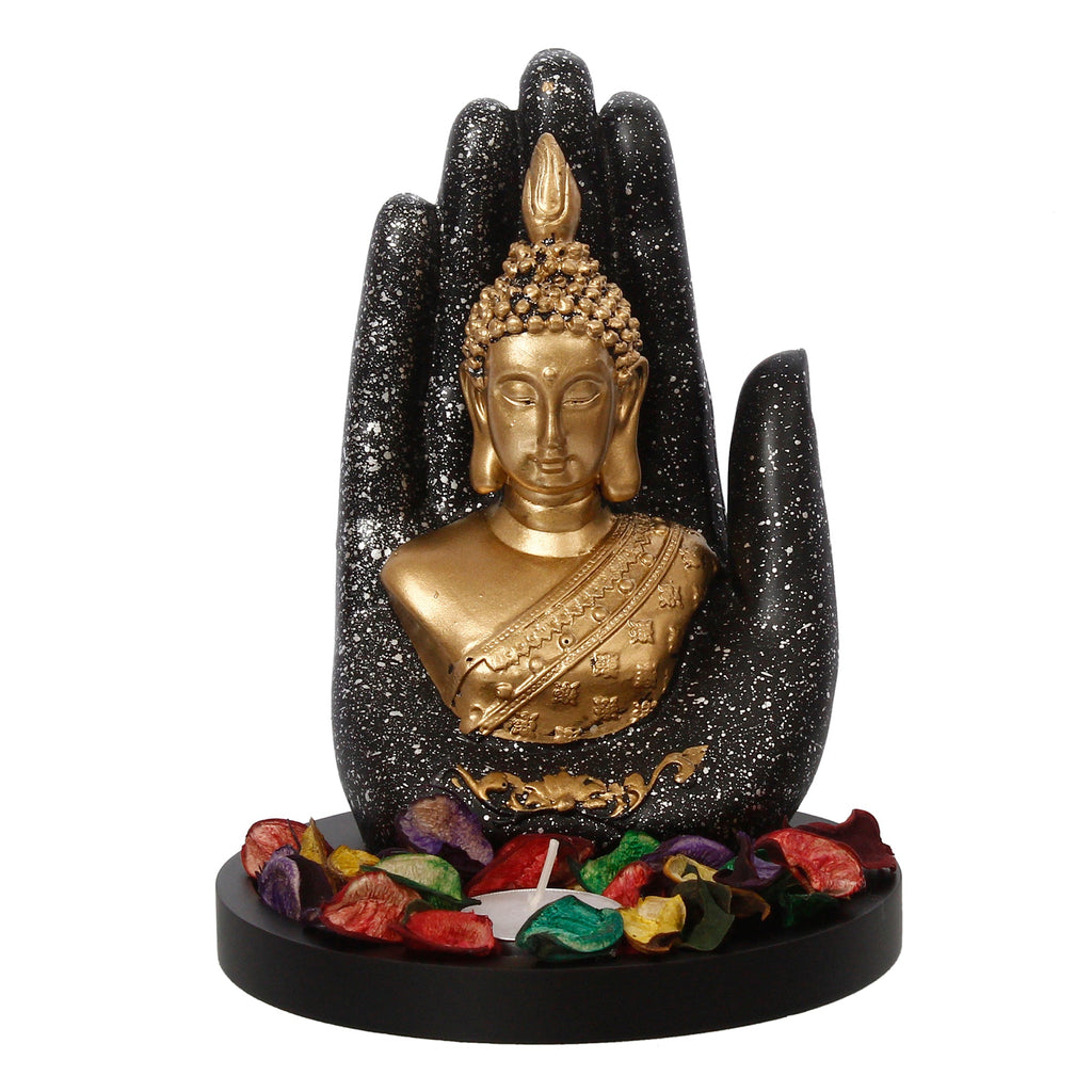 Polyresin Black and Golden Handcrafted Palm Buddha Statue with Wooden Base, Fragranced Petals and Tealight Kafalo