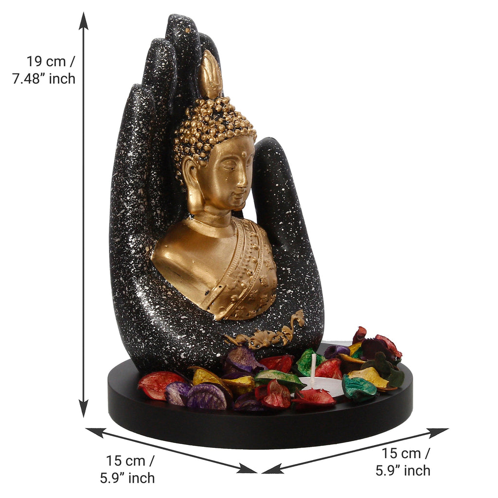 Polyresin Black and Golden Handcrafted Palm Buddha Statue with Wooden Base, Fragranced Petals and Tealight Kafalo
