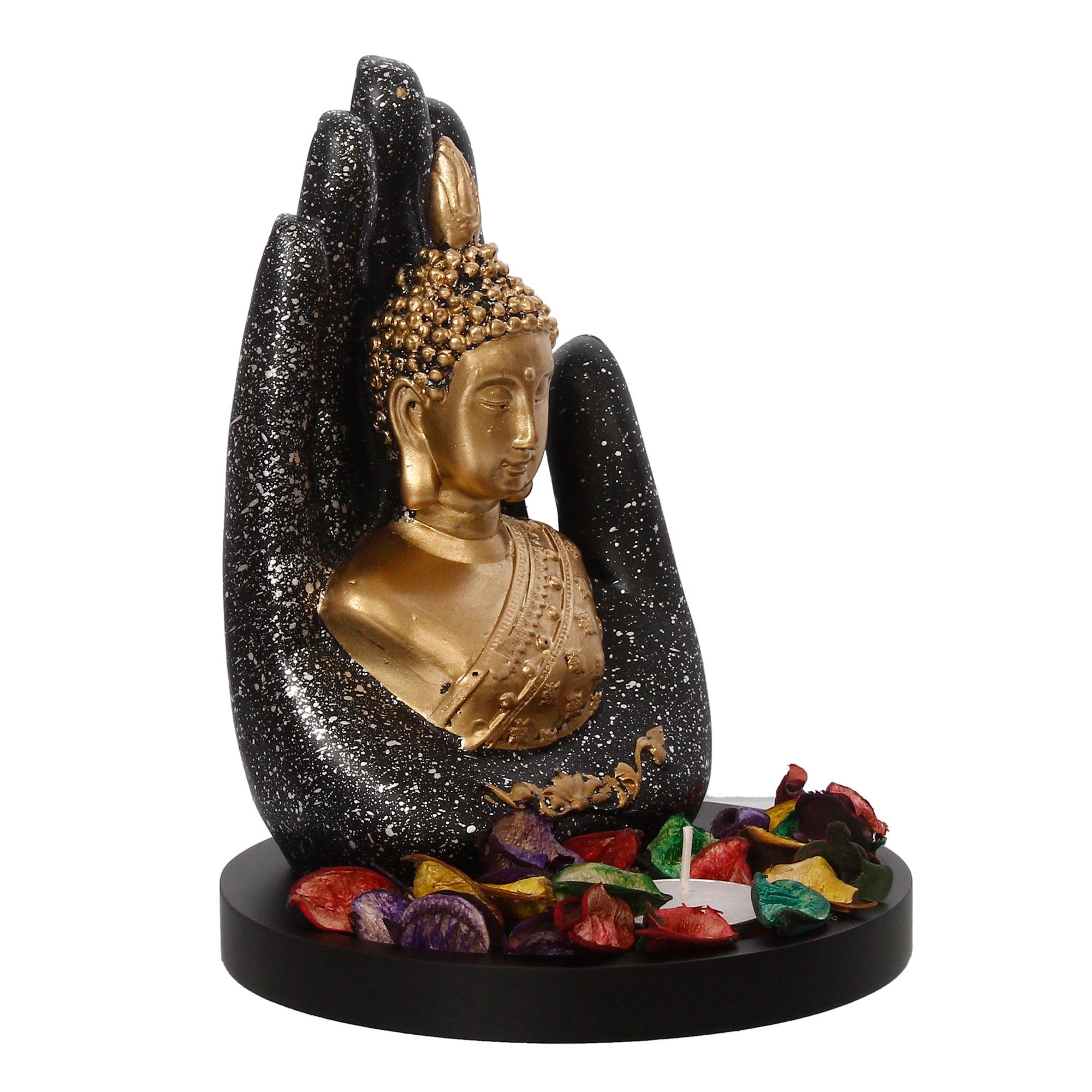 Polyresin Black and Golden Handcrafted Palm Buddha Statue with Wooden Base, Fragranced Petals and Tealight Kafalo