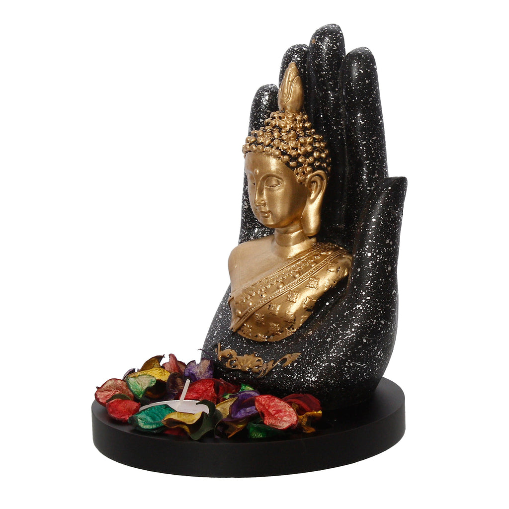 Polyresin Black and Golden Handcrafted Palm Buddha Statue with Wooden Base, Fragranced Petals and Tealight Kafalo