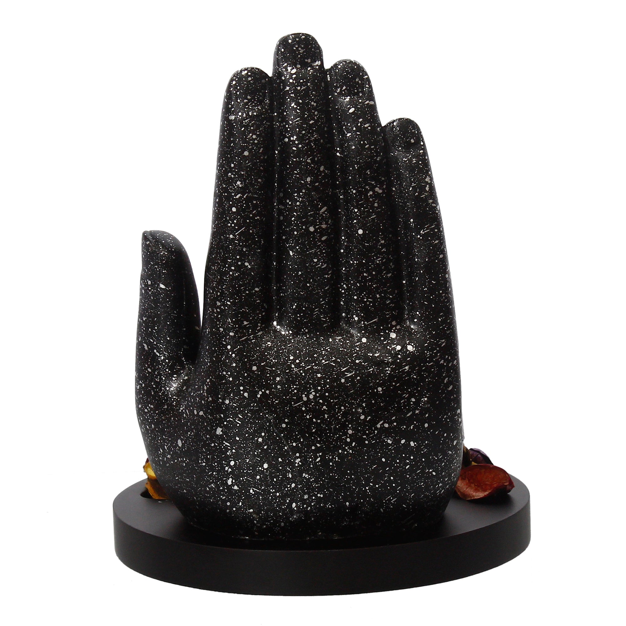 Polyresin Black and Golden Handcrafted Palm Buddha Statue with Wooden Base, Fragranced Petals and Tealight Kafalo