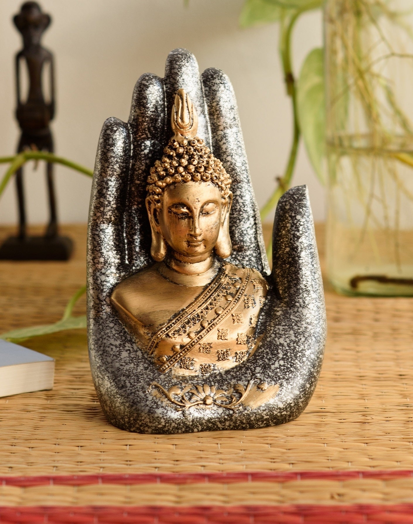 Polyresin Silver and Golden Handcrafted Palm Buddha statue Kafalo