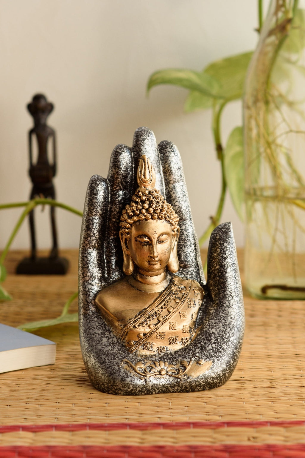 Polyresin Silver and Golden Handcrafted Palm Buddha statue Kafalo