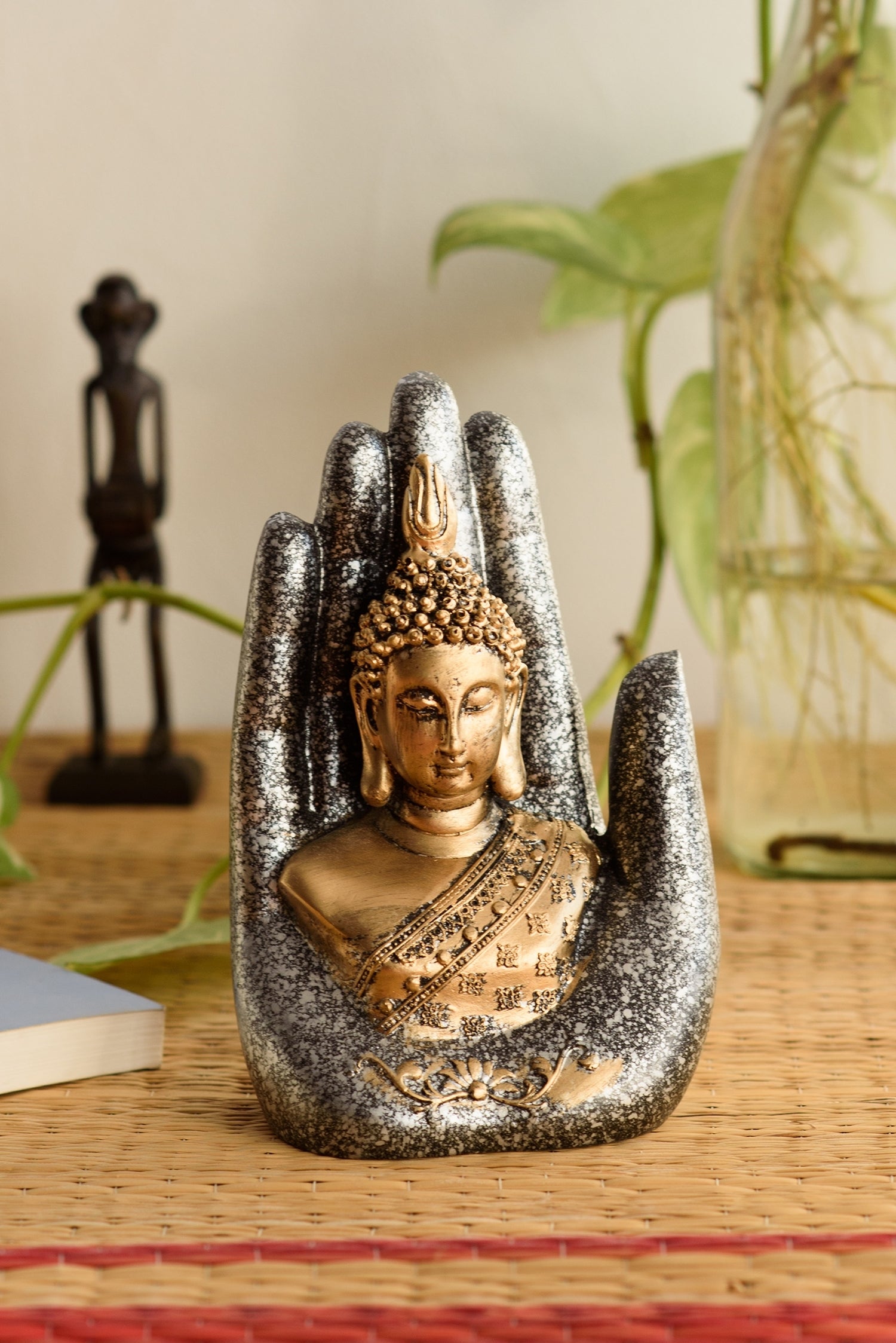 Polyresin Silver and Golden Handcrafted Palm Buddha statue Kafalo