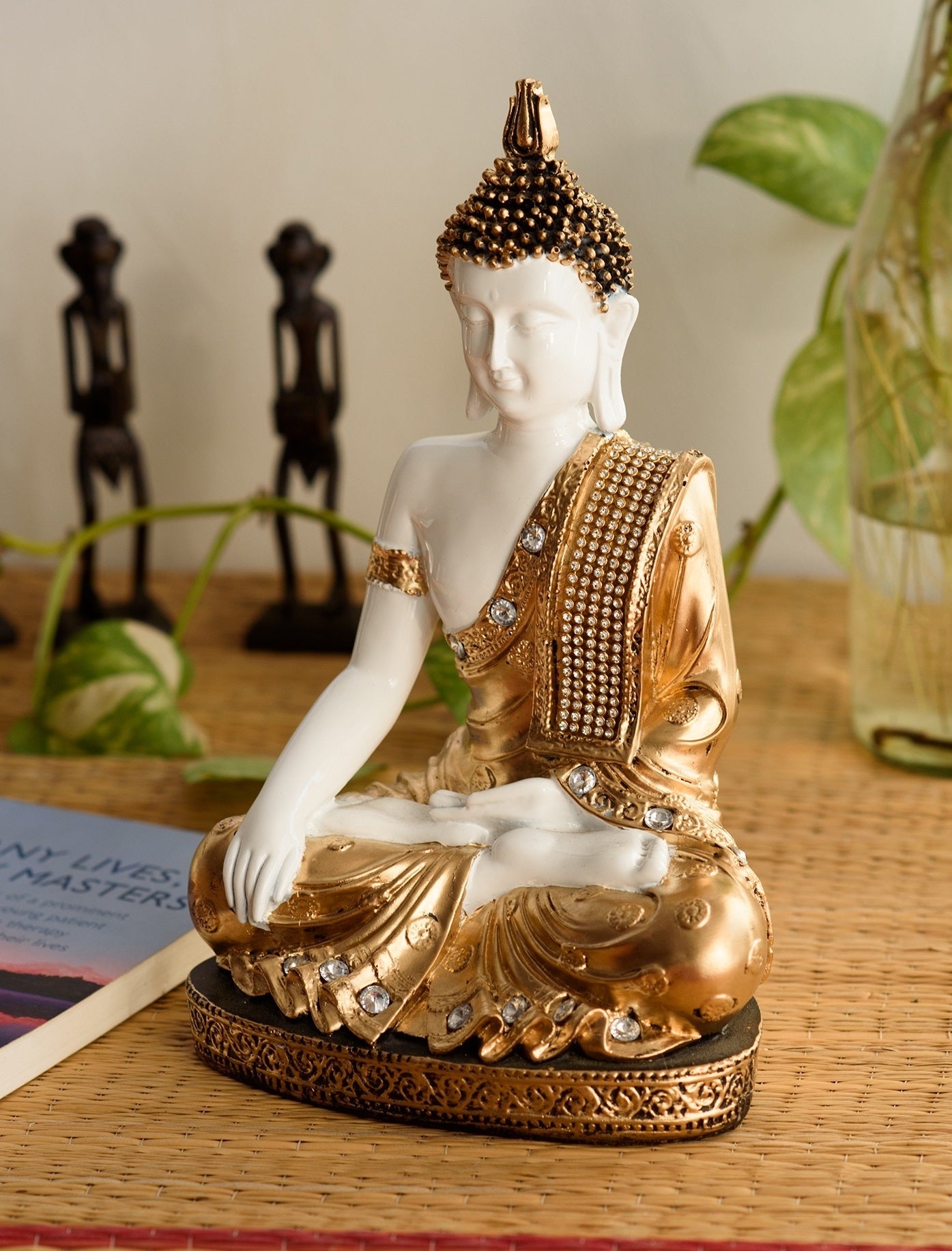 Polyresin White and Golden Handcrafted Decorative Meditating Buddha Statue Kafalo