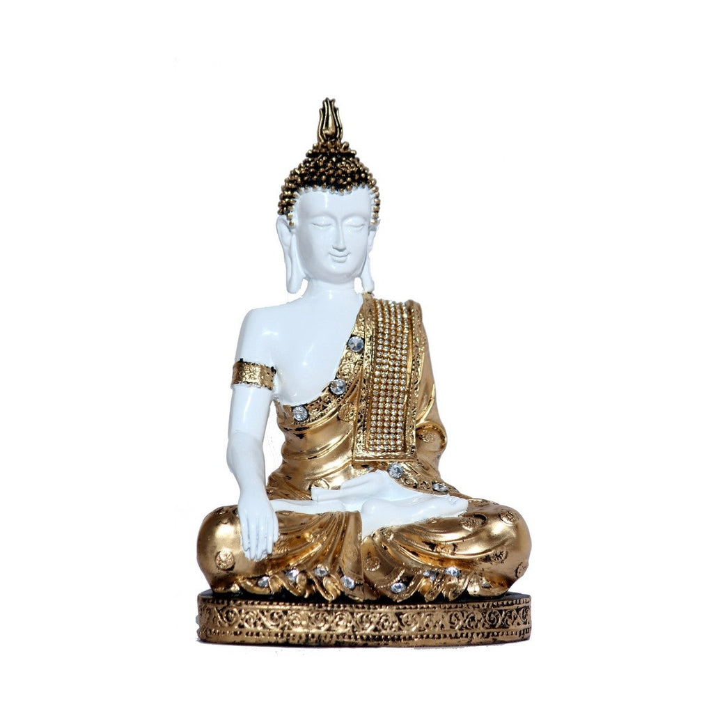 Polyresin White and Golden Handcrafted Decorative Meditating Buddha Statue Kafalo