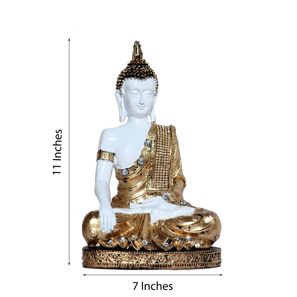 Polyresin White and Golden Handcrafted Decorative Meditating Buddha Statue Kafalo