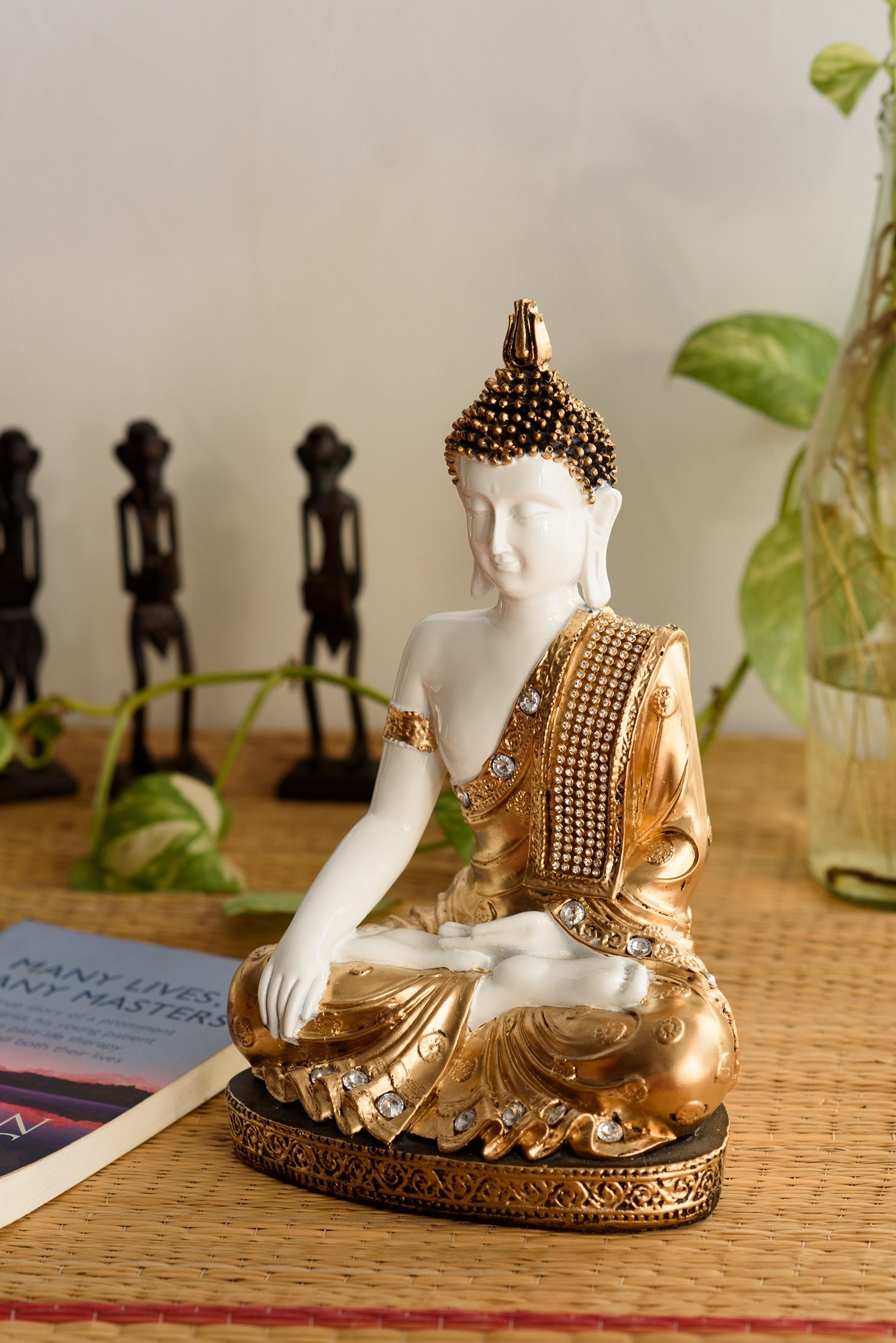 Polyresin White and Golden Handcrafted Decorative Meditating Buddha Statue Kafalo