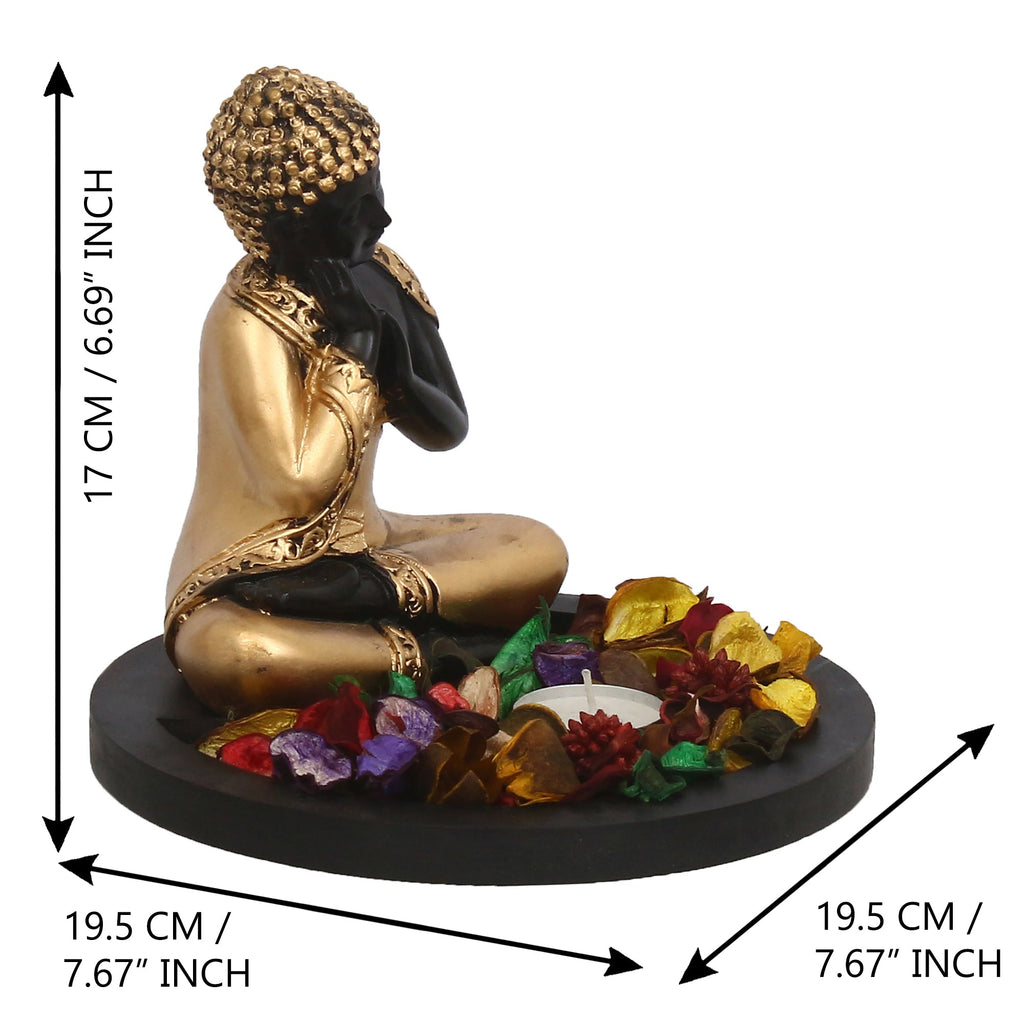 Polyresin Black and Golden Resting Buddha Statue with Wooden Base, Fragranced Petals and Tealight Kafalo