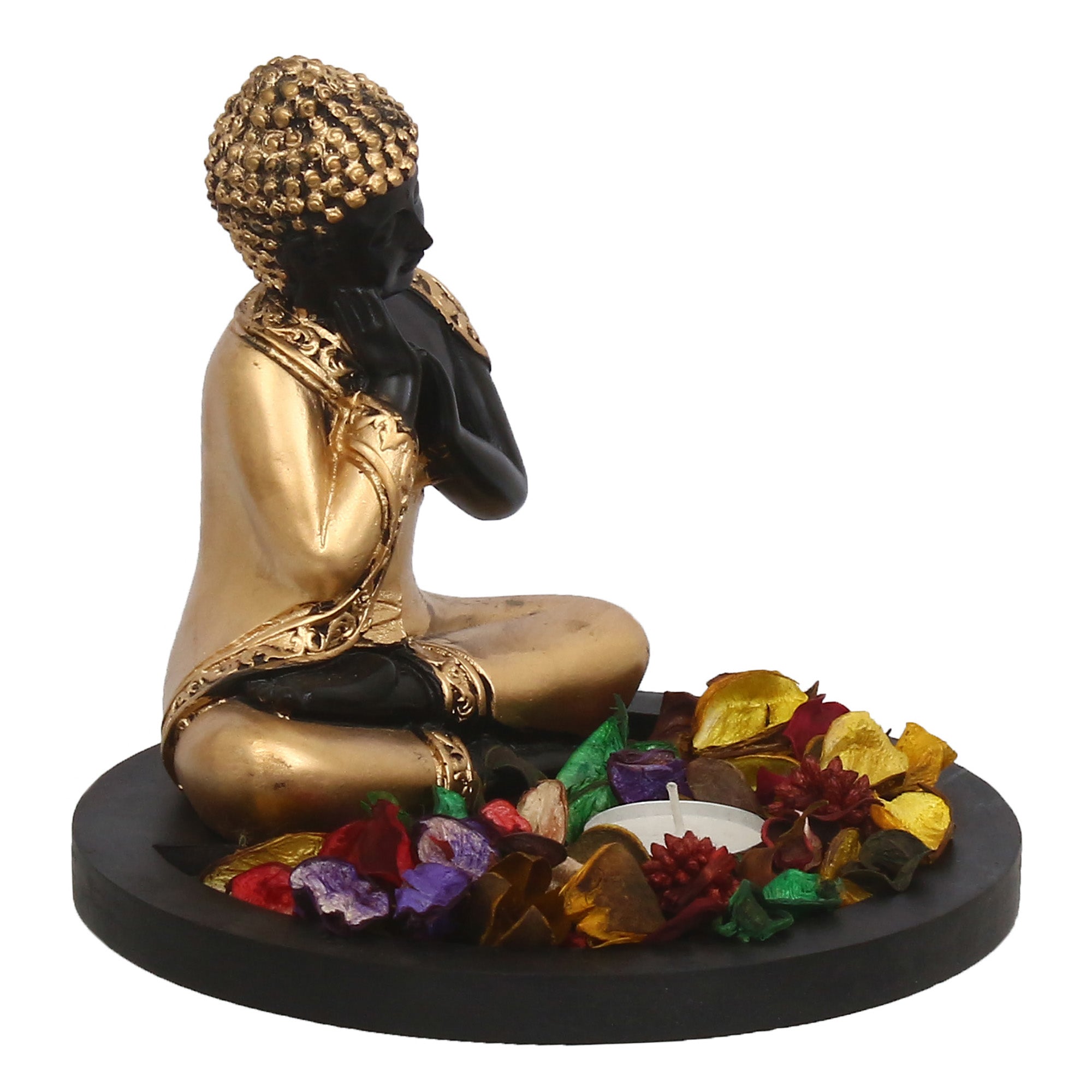 Polyresin Black and Golden Resting Buddha Statue with Wooden Base, Fragranced Petals and Tealight Kafalo
