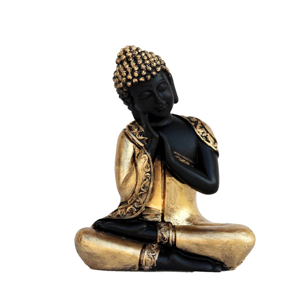 Polyresin Black and Golden Finish Handcrafted Thinking Buddha Statue Kafalo
