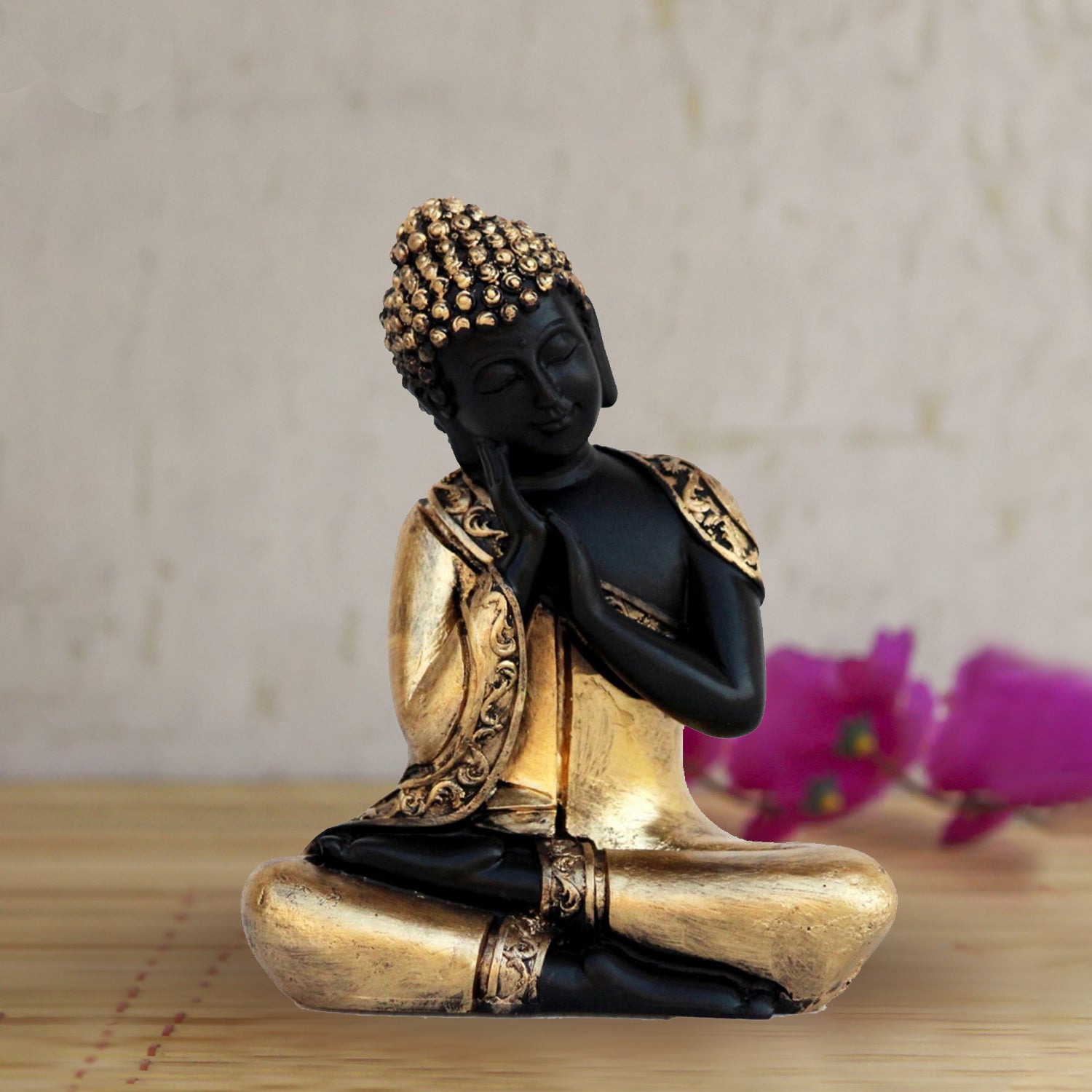 Polyresin Black and Golden Finish Handcrafted Thinking Buddha Statue Kafalo