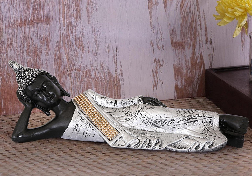 Handcrafted Decorative Reclining Lord Buddha Idol (Size - 10CmxSilver and BlackxPolyresin), 1 Lord Buddha Idol Kafalo