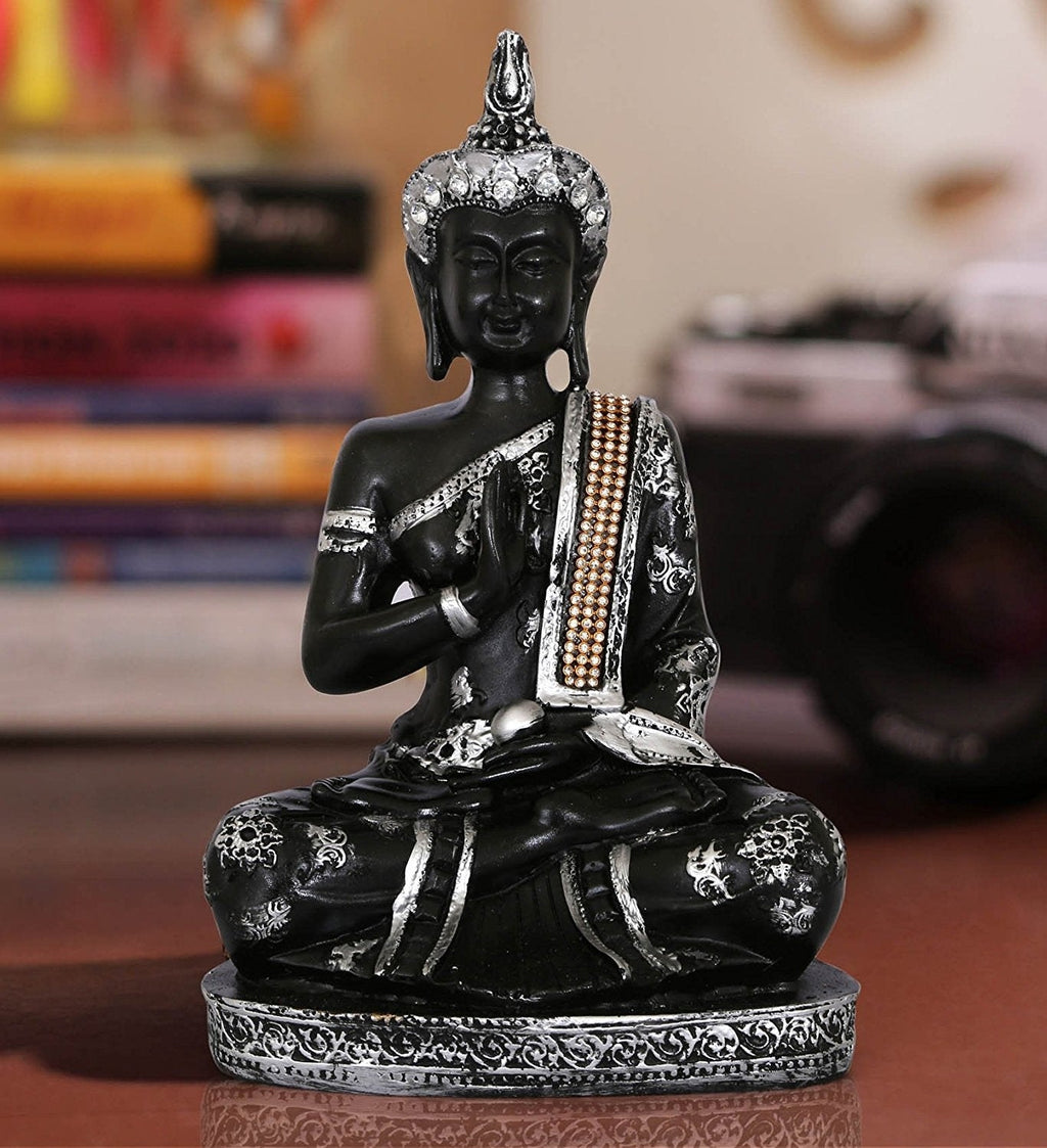 Handcrafted Decorative Meditating Buddha (Size - 25CmxSilver and BlackxPolyresin), 1 Lord Buddha Idol Kafalo