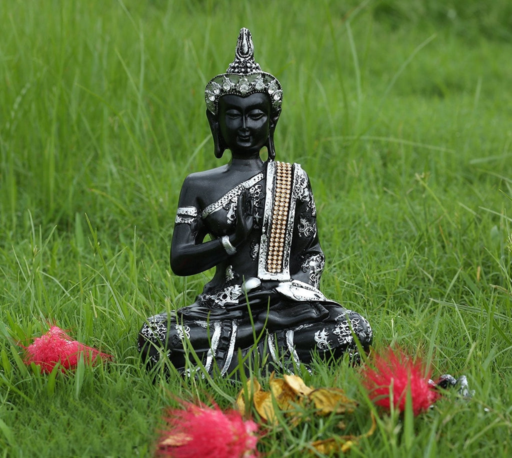 Handcrafted Decorative Meditating Buddha (Size - 25CmxSilver and BlackxPolyresin), 1 Lord Buddha Idol Kafalo