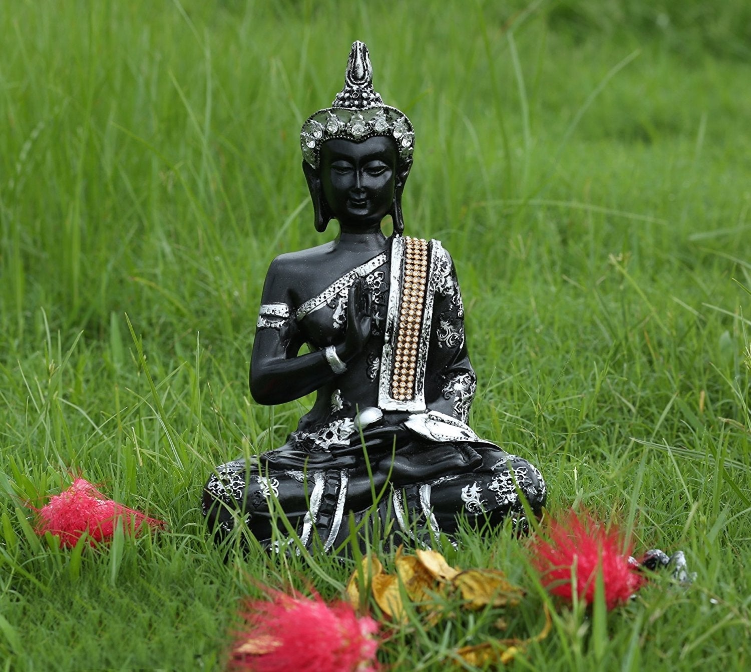 Handcrafted Decorative Meditating Buddha (Size - 25CmxSilver and BlackxPolyresin), 1 Lord Buddha Idol Kafalo
