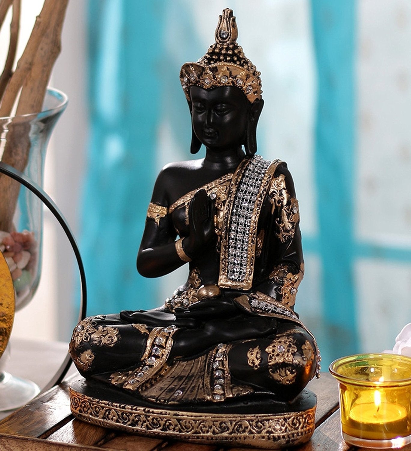 Handcrafted Decorative Meditating Buddha (Size - 25CmxGolden and BlackxPolyresin), 1 Lord Buddha Idol Kafalo