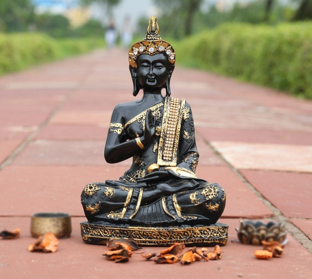 Handcrafted Decorative Meditating Buddha (Size - 25CmxGolden and BlackxPolyresin), 1 Lord Buddha Idol Kafalo