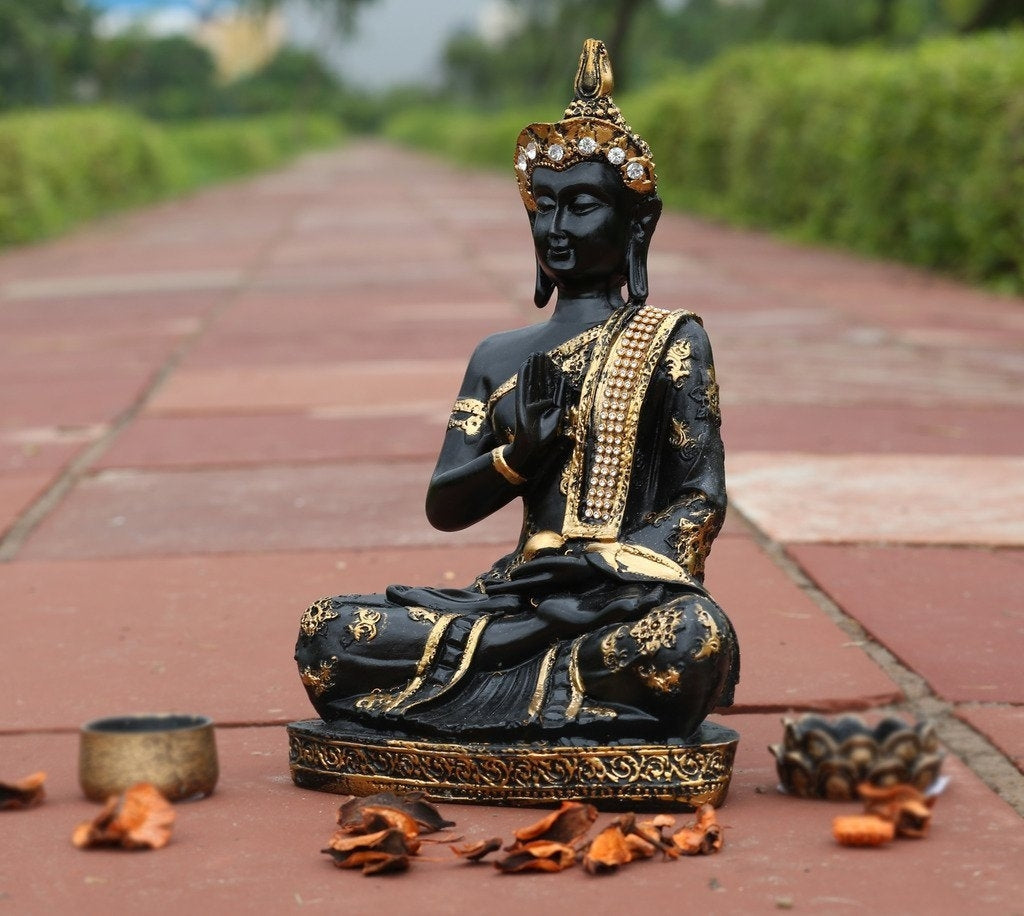 Handcrafted Decorative Meditating Buddha (Size - 25CmxGolden and BlackxPolyresin), 1 Lord Buddha Idol Kafalo