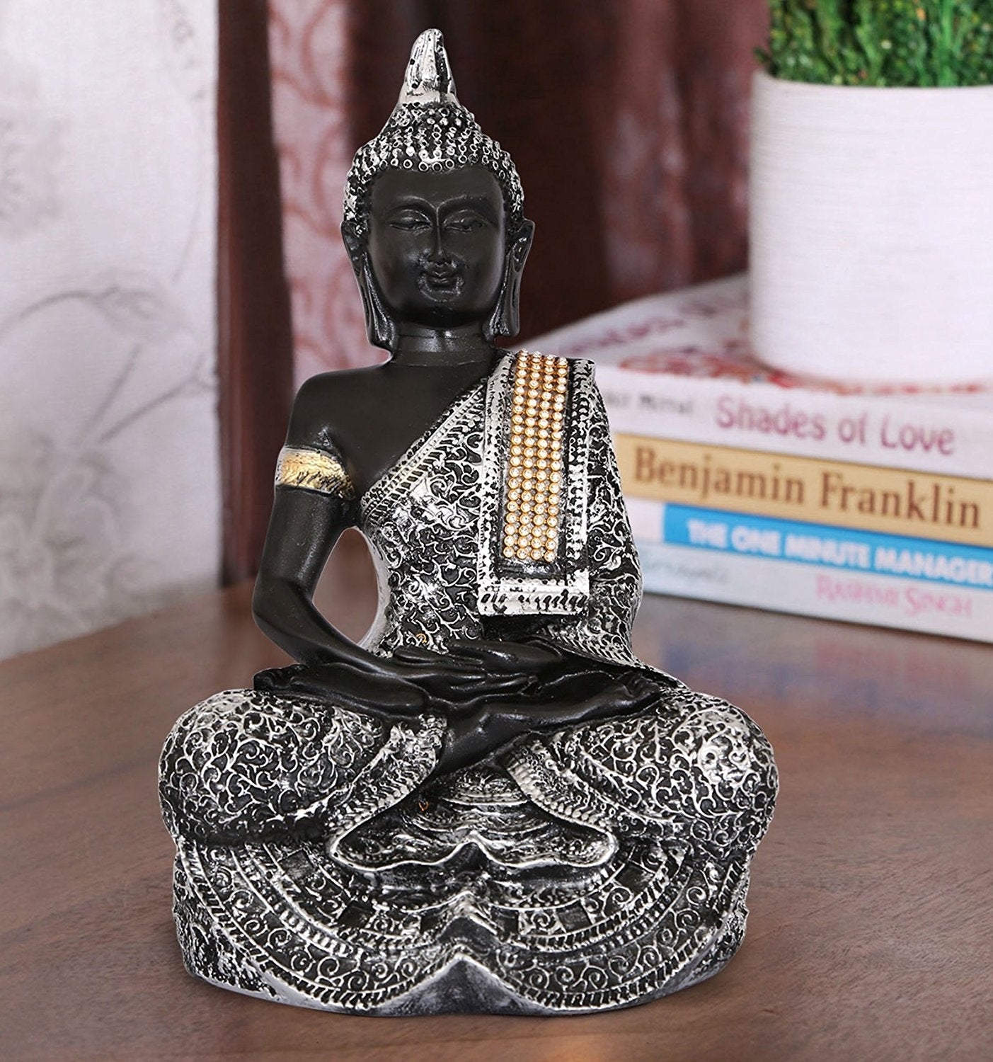 Handcrafted Decorative Meditating Buddha (Size - 25CmxSilver and BlackxPolyresin), 1 Lord Buddha Idol Kafalo