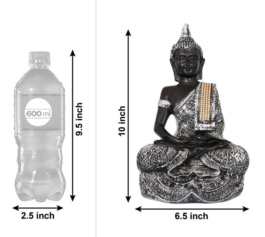 Handcrafted Decorative Meditating Buddha (Size - 25CmxSilver and BlackxPolyresin), 1 Lord Buddha Idol Kafalo